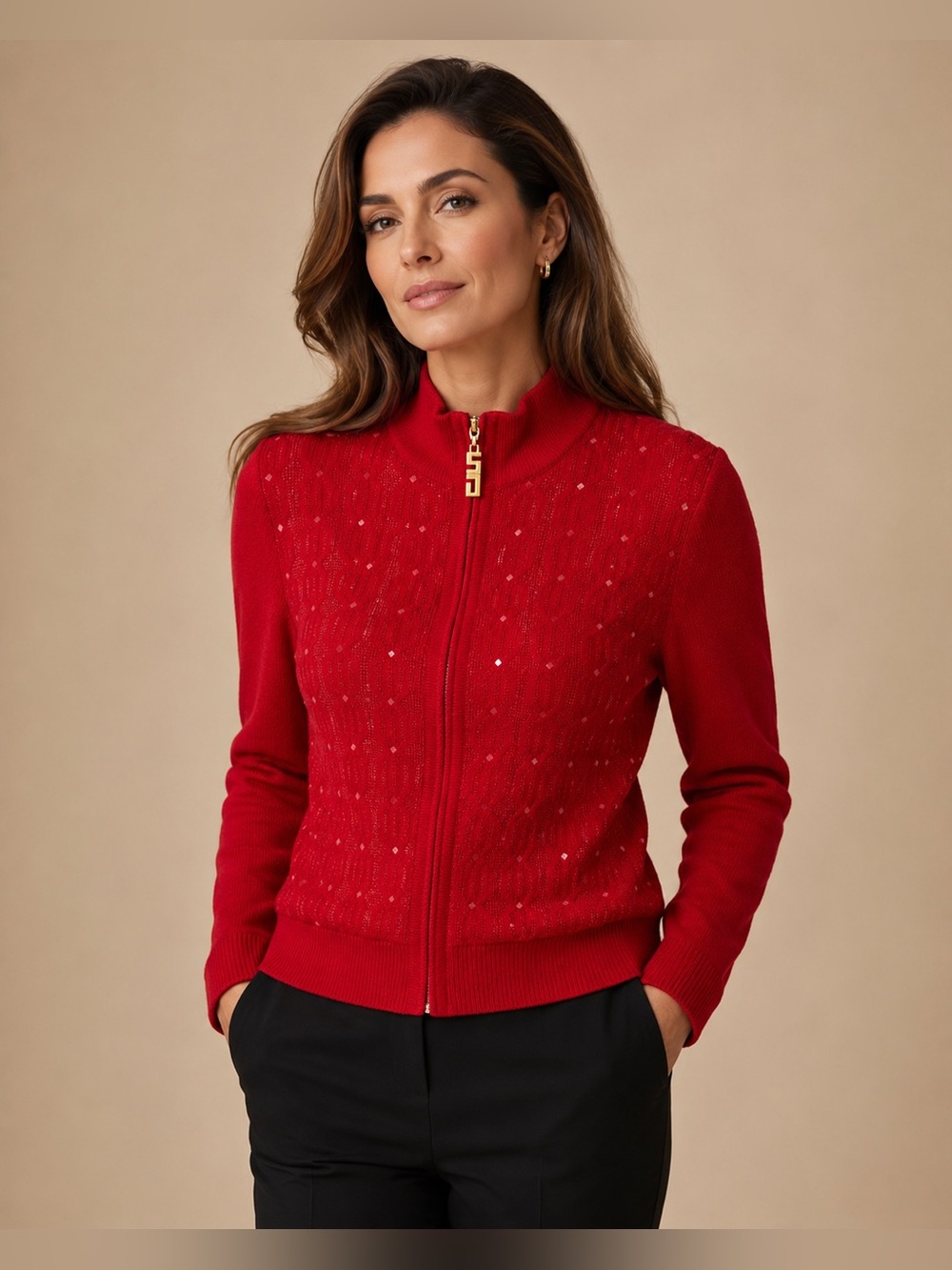 St. John Sport Marie Gray Red Wool Knit Sequin Zip Cardigan Jacket P